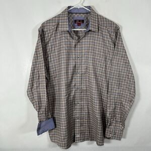Johnston & Murphy XC4 Button Up Shirt Men Large Brown Orange Blue Plaid Flipcuff